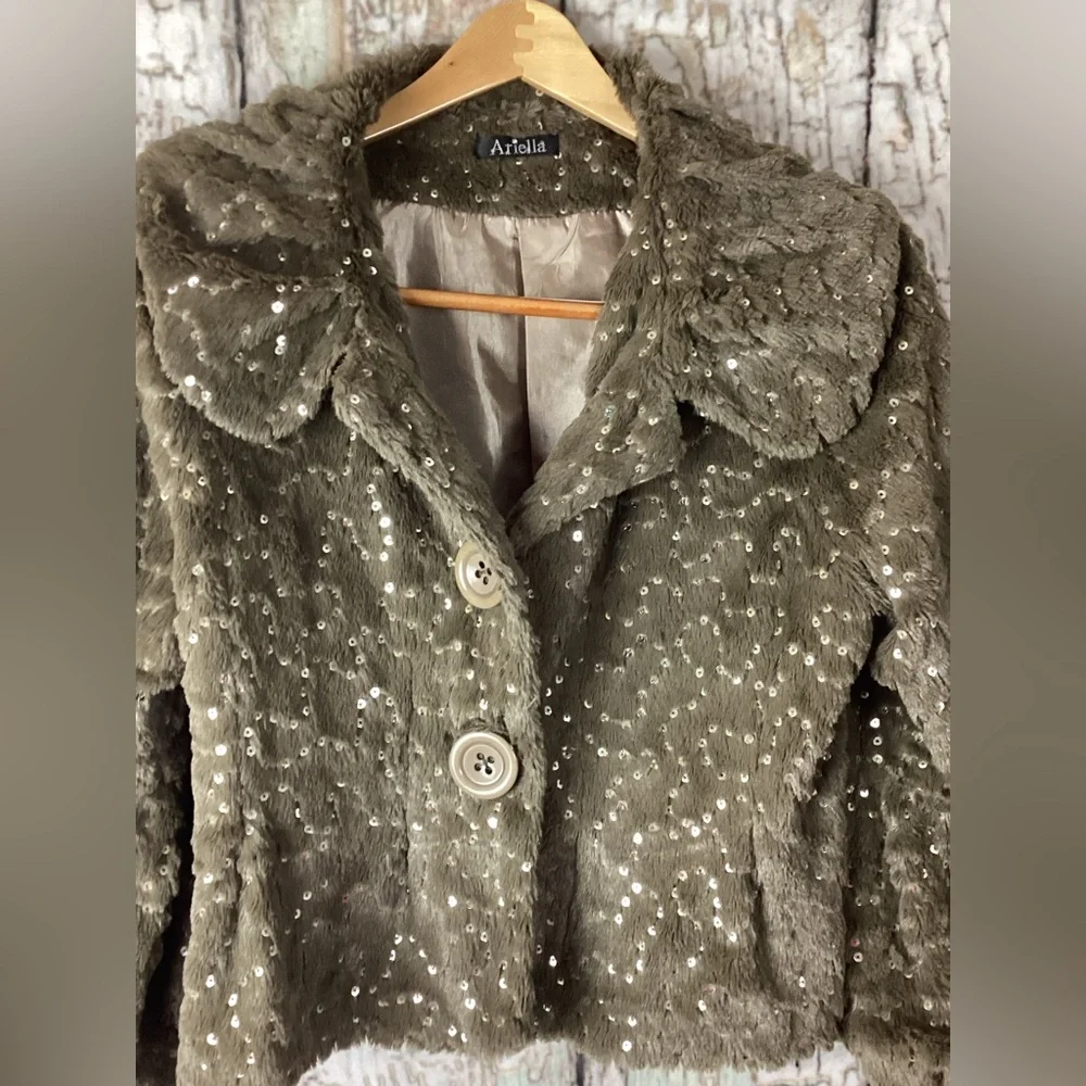 Ariella Glam Sequin Luxe Faux Fur Party Statement Chic Luxury Jacket L - Picture 3 of 5